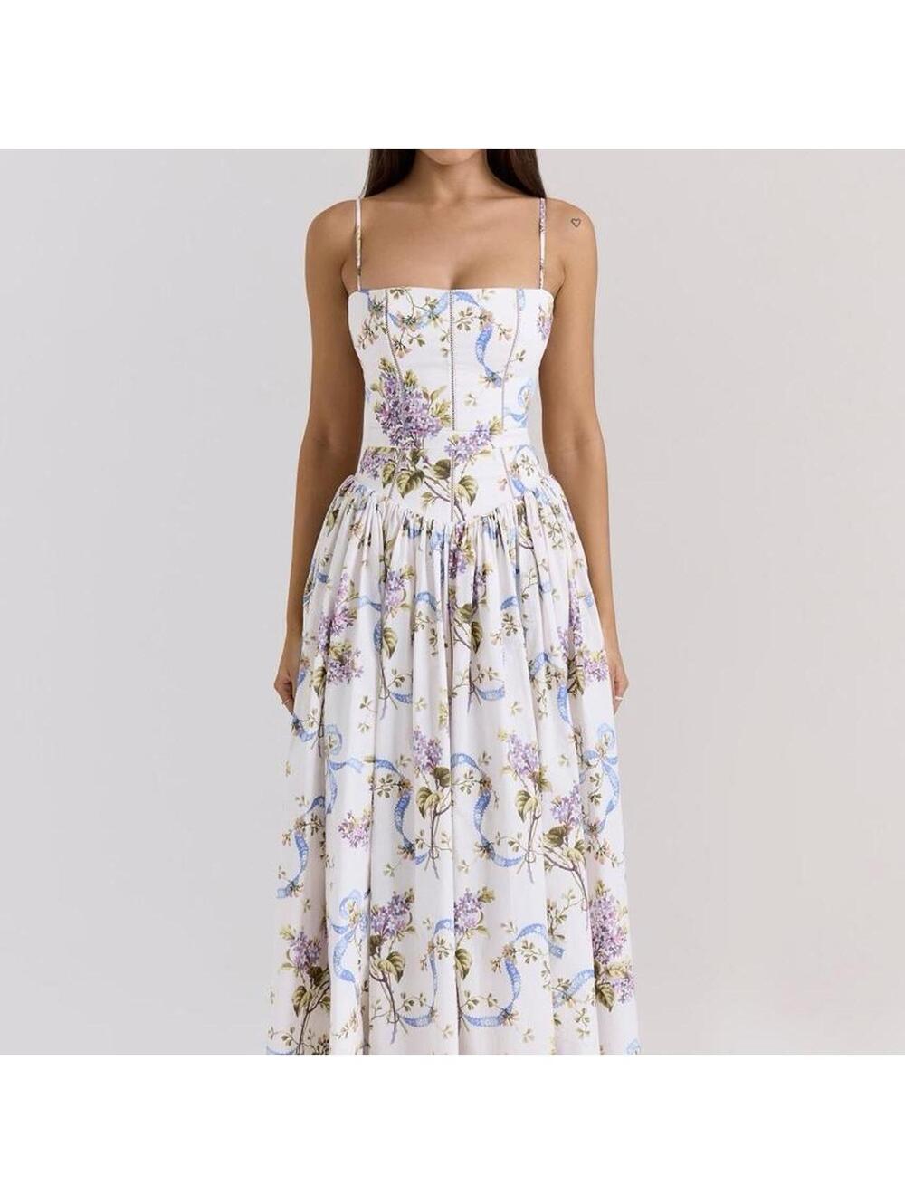 House of CB Floral Off White Vintage Ribbon Print Cotton Maxi Sundress